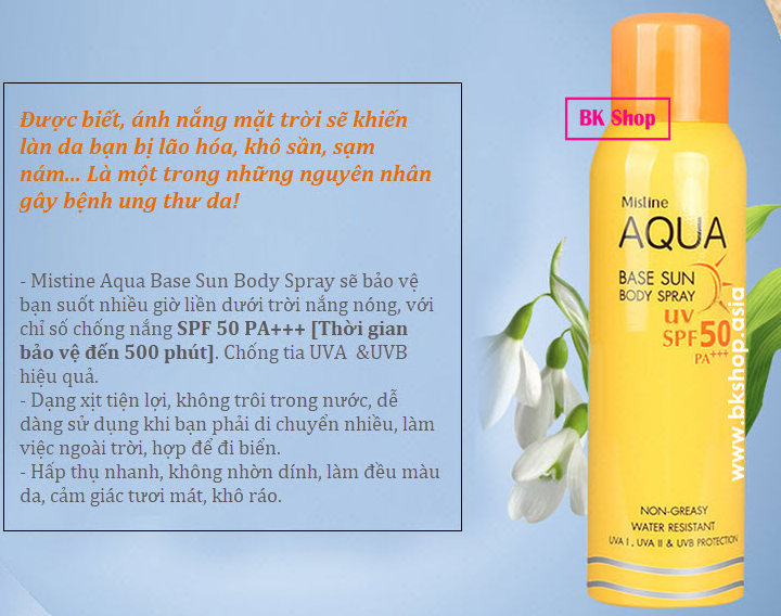 loại kem chống lão hóa khô sần sạn nám Mistine Aqua Base Sun Body Spray SPF50 PA+++